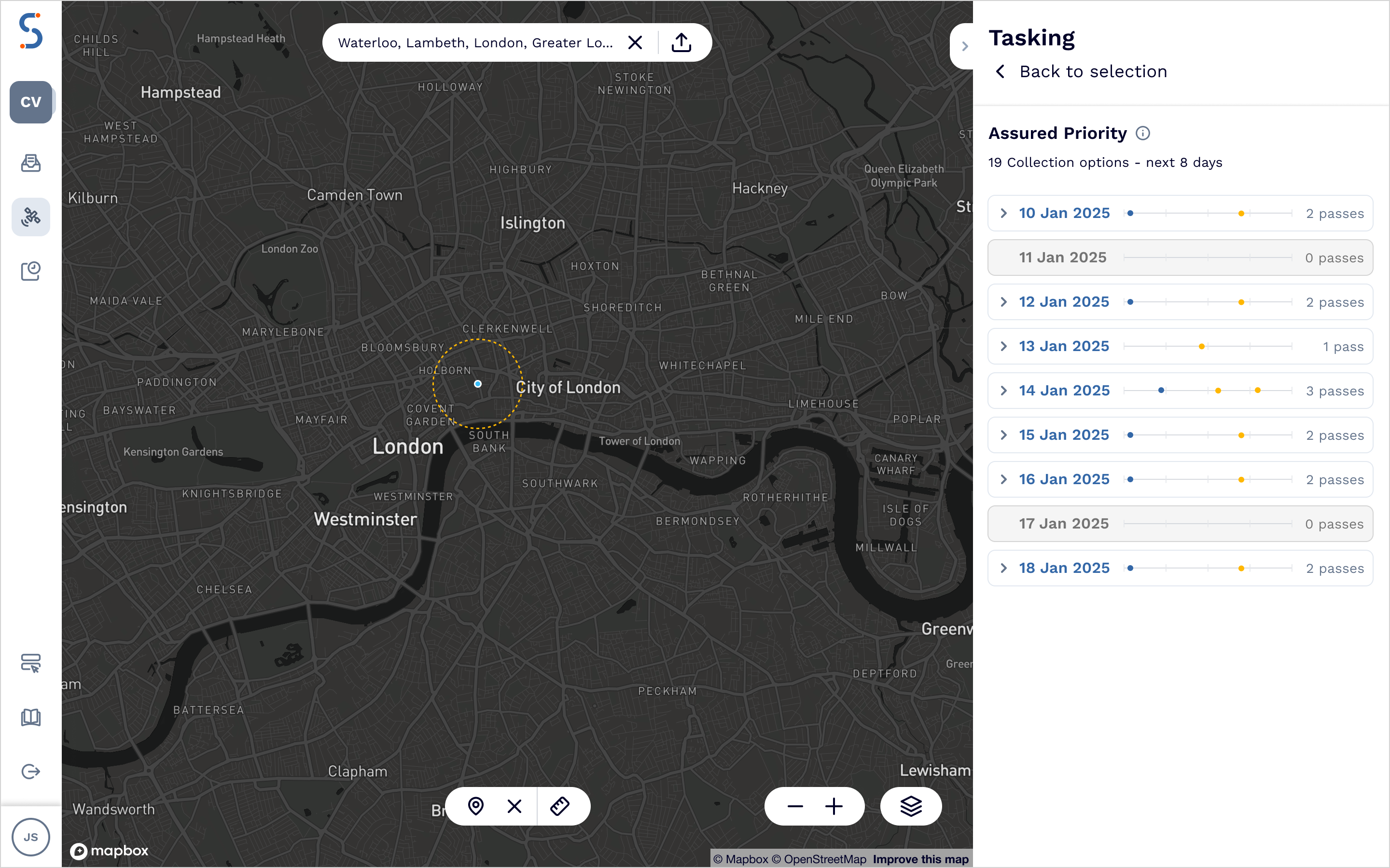 SatVu web application - assured tasking passes.